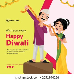 Banner design of wish you a very happy Diwali cartoon style template.