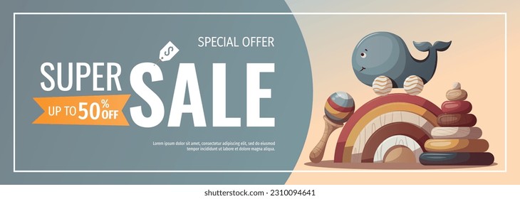 Banner design with wooden whale push toy, rainbow and baby's pyramid. Children's toys, kid's shop, playing, childhood, baby care concept. Vector illustration for sale, banner, flyer.