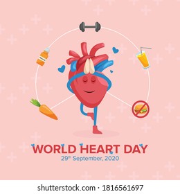 Banner design of World Heart Day with heart is doing yoga on a pink background.