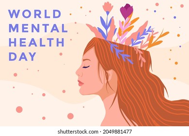 the banner design world mental health day. illustration of female heads with flowers hand drawn