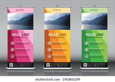 Banner Design yellow, pink, green 3 color themes with headline and three topics. Image at the top, QR code and contact details at the bottom.