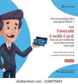 Banner design of are you earning when you spend money with emerald credit card cartoon style template.