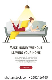 Banner design with young woman working or learning at home on the sofa. Freelance, work at home, e-learning and home office concept. Vector illustration for poster, banner, flyer.