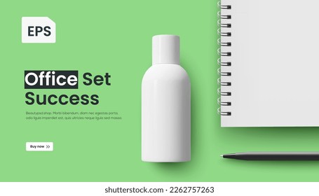 Banner desktop office worker remote online work. Vector photorealistic illustration of the business marketing success design template eps