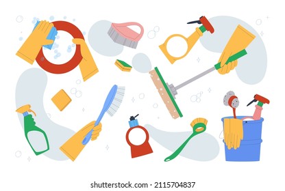Banner with detergents in a bucket. Gloved hands, bottles, spray, sponge, brush, gloves. Various items for cleaning and housework. Isolated. Flat vector illustration.