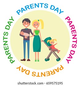 Banner devoted to parent's day with Inscription. Vector illustration of family including father, mother, newborn and little daughter