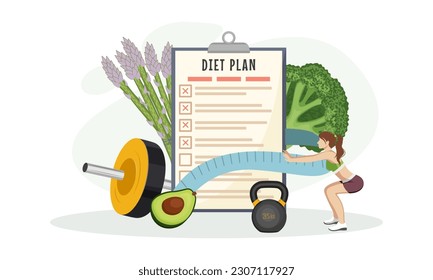 Banner with a diet plan, a girl doing sports and sports equipment on a white background. Vector image for sports design, stickers, web design elements, postcards