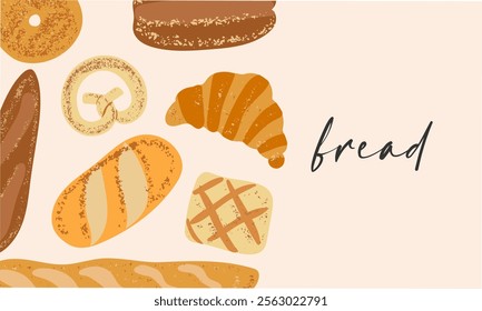 Banner with different bakery products. Baguette, ciabatta, loaf, rye bread, buns, bagel	
