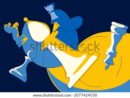 Banner with different chess pieces. Placard design in doodle style.