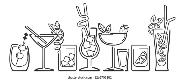 Banner with different cocktails. Contour style vector illustration. Suitable for bar menu design or advertisign