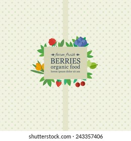 Banner with different fresh berries on a fabric background with polka dot. Concept organic food. Vector illustration
