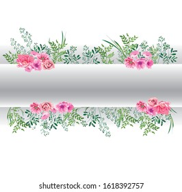 Banner for different inscriptions. Banner with green leaves and pink watercolor roses.