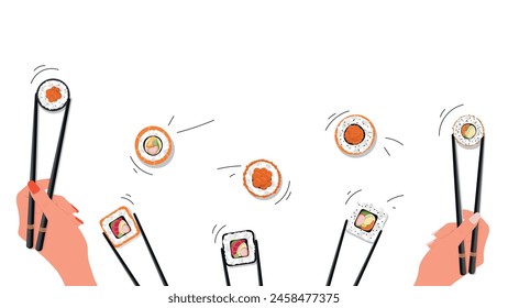 Banner with different Japanese rolls with space for text on white background. Menu, restaurant advertising. Vector