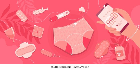 Banner with different means of feminine hygiene on pink backgrou