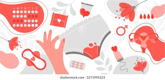 Banner with different means of feminine hygiene on white backgro