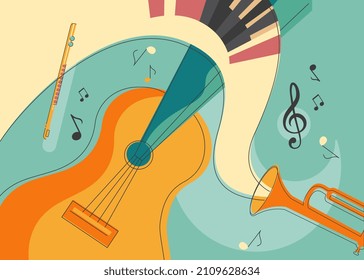 Cartel con diferentes instrumentos musicales. Diseño plano lineal.