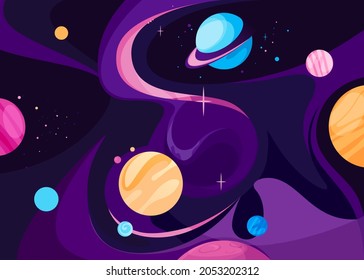 Banner with different planets. Placard design in abstract style.