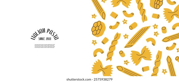 Banner of different sorts of pasta. Macaroni, farfalle, penne, fusilli, stelline, ruote, ditalini. Traditional Italian food. Various noodles types. Vector flat cartoon illustration