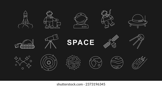 Banner with different space icons on black background