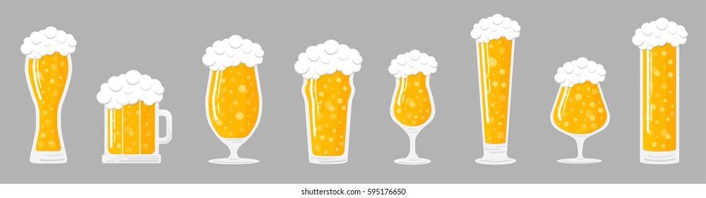 Banner with a different types of beer glasses. Vector illustration.