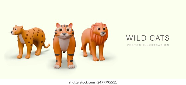 Banner with different types of big wild cats. Realistic tiger, leopard, lion