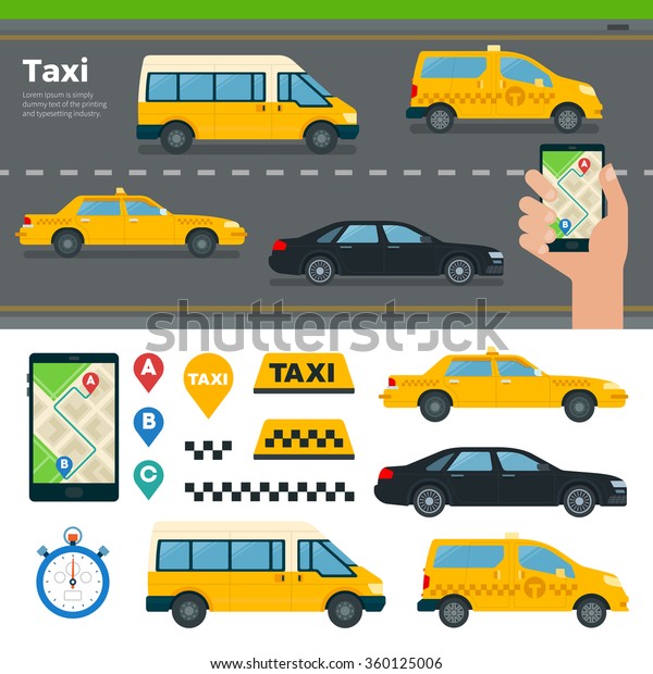 Banner with different types of taxi cars and\
hand hold mobile app for booking taxi on road background. Isolated\
icons of taxi and symbols. Illustrations for website, mobile,\
banners, brochures