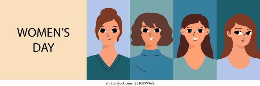Banner with different women. Cute girlish face. Woman's day concept. Flat vector cartoon design
