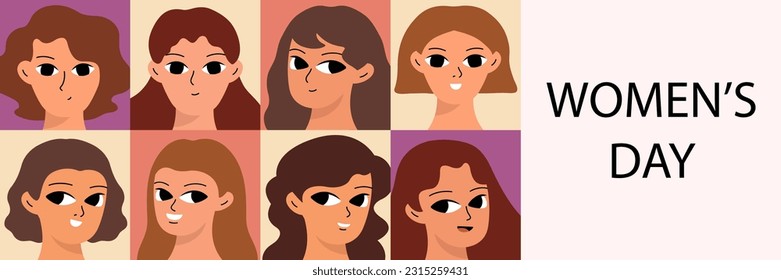 Banner with different women. Cute girlish face. Woman's day concept. Flat vector cartoon design
