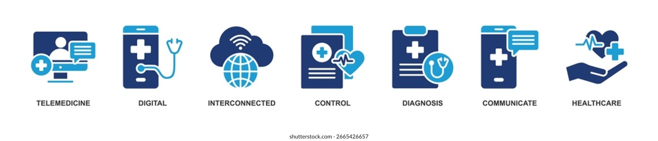 Banner da ilustração vetor web de saúde digital com ícones de telemedicina, digital, interconectado, controle, diagnóstico, comunicação e saúde.