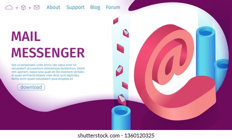 Banner Digital Mail Messenger Vector Landing Page. Foreground E-mail Letter Pipe Flies Up Envelopes. Application for Organizing Incoming Letters Different Mailboxes. Digital Multimedia.