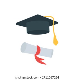 Banner with a diploma and a student's cap. The end of College. The characters of the students. Vector illustration of education