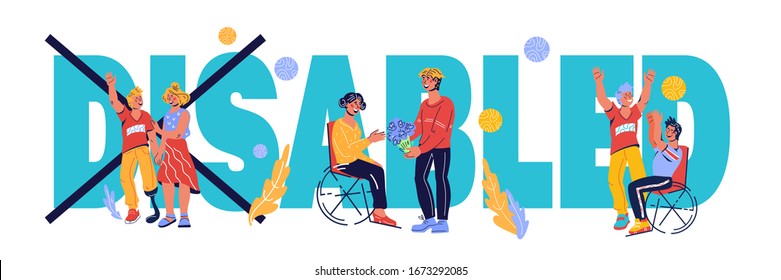 Banner for Disability Day with invalid persons living active life. Healthcare assistance and accessibility for people with reduced mobility and physical incapacity. Vector cartoon illustration.