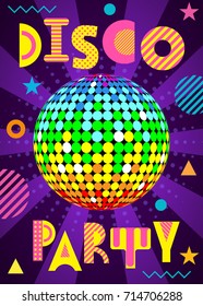 Banner for a Disco party in the retro style. Trendy geometric font in memphis style of 80s-90s. Disco Ball with rays