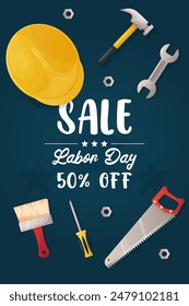 Banner, discount poster, sale, happy labor day, blue background and construction tools.