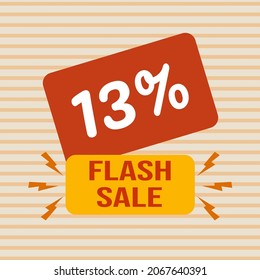 Banner discount with the text "13%. Flash sale". Special offer for shopping, discount 13 percent. Promotion poster with coupon. Vector illustration, big sale.