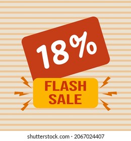 Descuento de banner con el texto "18%. Venta en flash". Oferta especial para compras, descuento del 18 por ciento. Cartel de promoción con cupón. Ilustración vectorial, gran venta.