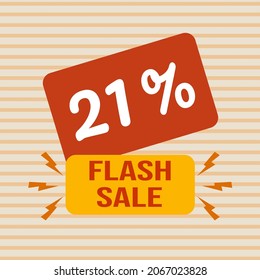 Banner discount with the text "21%. Flash sale". Special offer for shopping, discount 21 percent. Promotion poster with coupon. Vector illustration, big sale.