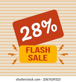 Descuento de banner con el texto "28%. Venta en flash". Oferta especial para compras, descuento del 28 por ciento. Cartel de promoción con cupón. Ilustración vectorial, gran venta.