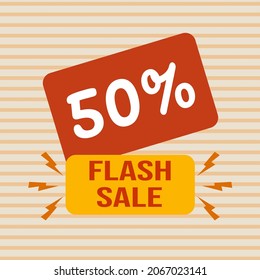 Banner discount with the text "50%. Flash sale". Special offer for shopping, discount 50 percent. Promotion poster with coupon. Vector illustration, big sale.