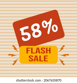 Banner discount with the text "58%. Flash sale". Special offer for shopping, discount 58 percent. Promotion poster with coupon. Vector illustration, big sale.