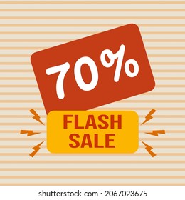 Descuento de banner con el texto "70%. Venta en flash". Oferta especial para compras, descuento del 70 por ciento. Cartel de promoción con cupón. Ilustración vectorial, gran venta.