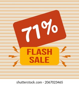 Descuento de banner con el texto "71%. Venta en flash". Oferta especial para compras, descuento del 71 por ciento. Cartel de promoción con cupón. Ilustración vectorial, gran venta.