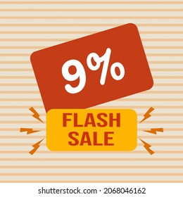 Descuento de banner con el texto "9%. Venta en flash". Oferta especial para compras, descuento del 9 por ciento. Cartel de promoción con cupón. Ilustración vectorial, gran venta.