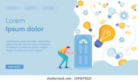 Banner Discovery Sealed Concepts Ideas, Cartoon. Man in Casual Clothes is Trying to Open Door with Key, Behind which Many Luminous and Extinct Light Bulbs Fly. Vector Illustration.