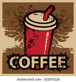 banner with a disposable coffee cup with wings and flourishes