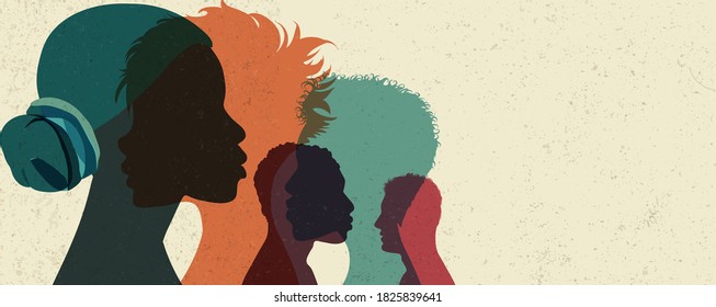 Banner Diversity Multi-ethnic And Multiracial People Poster. Silhouette Profile Group Of Men And Women Of Diverse Culture.Concept Of Racial Equality And Anti-racism.Multicultural Society