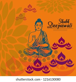 Banner for Diwali festival, Buddha around candles on orange background, vector
