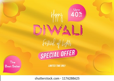 Banner Diwali Festival of lights with special offer Sale 40% off. Creative template with decoration elements and shadow on the yellow background. Flat vector illustration EPS10.