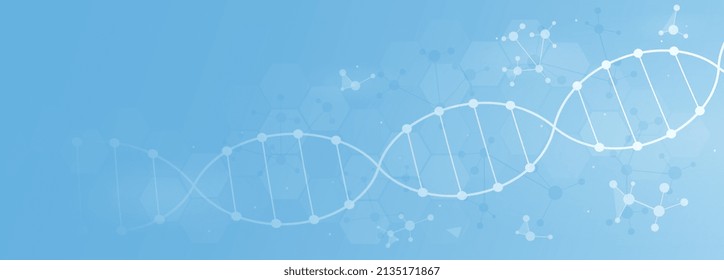 Cartel con moléculas de ADN. Medicina e ingeniería genética, innovaciones y tecnologías modernas. Investigación científica, afiche minimalista para sitios web médicos. Dibujo vectorial plano de dibujos animados