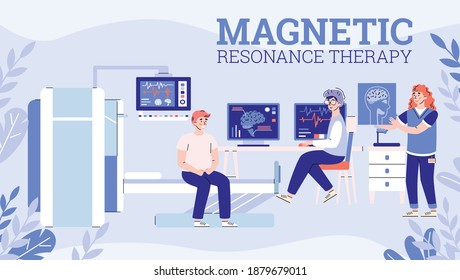 Banner With Doctor And Nurse Explaining Patient Results Brain Mri Scan. Medical Diagnosis Mrt, Magnetic Resonance Tomography Technology In Hospital Clinic. Vector Illustration.